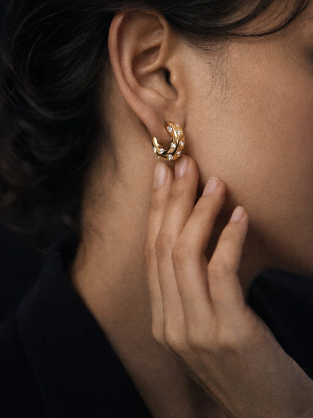 Sculptural CZ Studded Gold Hoop Earrings | Anti Tarnish Everyday Hoops