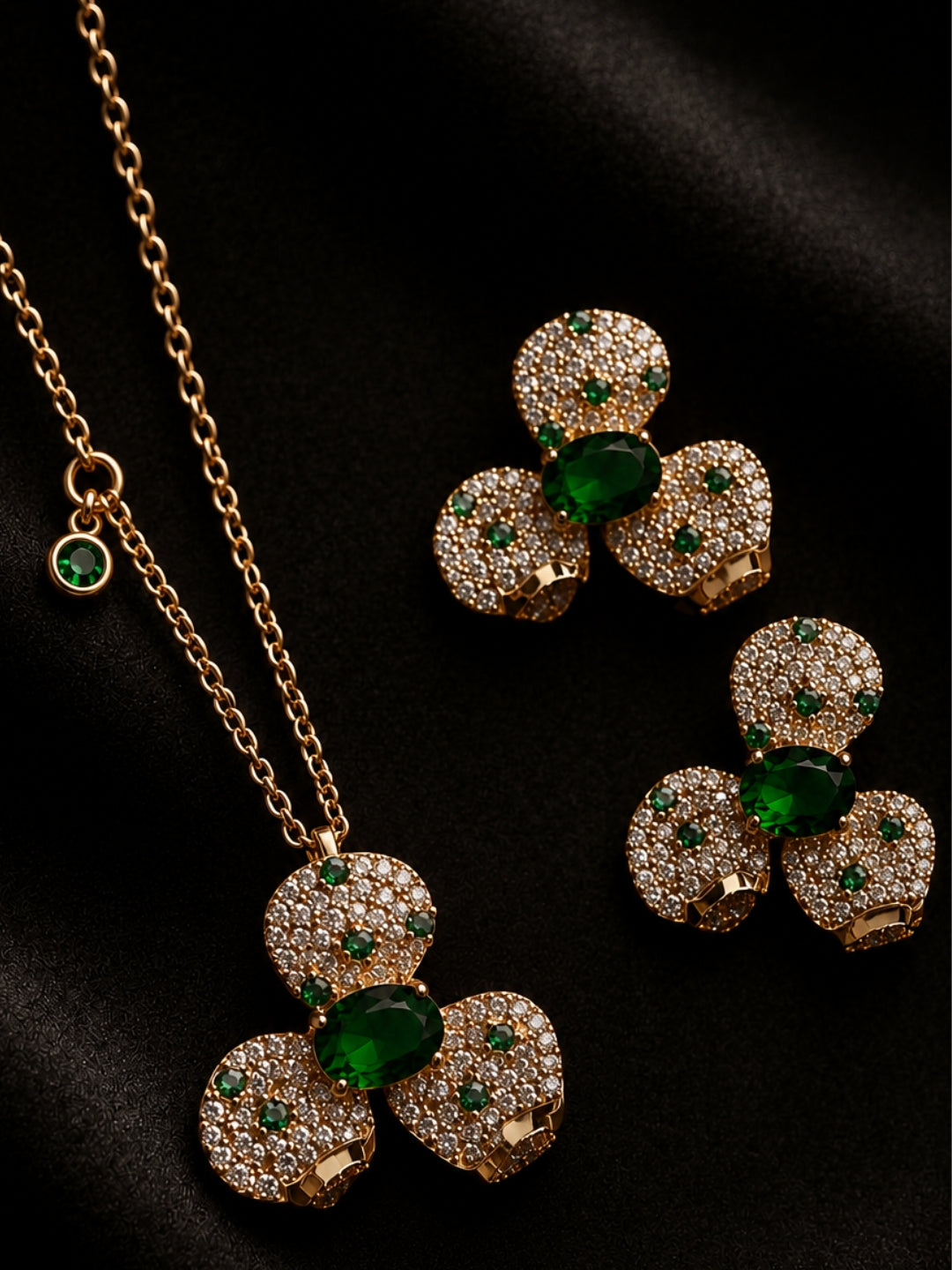 Emeralda Floral Set | 18K Gold Plated Necklace & Earrings with Pavé CZ Stones