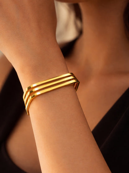 18K Gold Tri-Line Open Cuff Bracelet | Anti Tarnish Stainless Steel