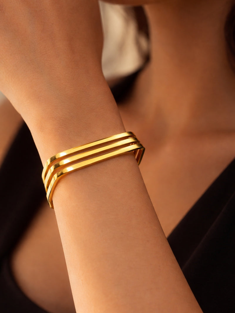 18K Gold Tri-Line Open Cuff Bracelet | Anti Tarnish Stainless Steel