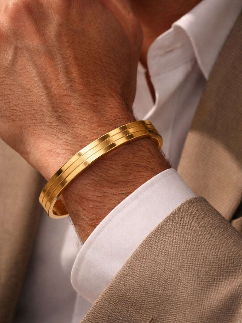 Ribbed Kada Bangle for Men, 18K Gold-Plated