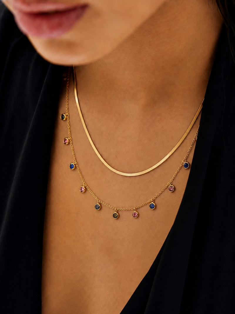 Layered Gold Necklace Combo with Multicolor Stone Drops