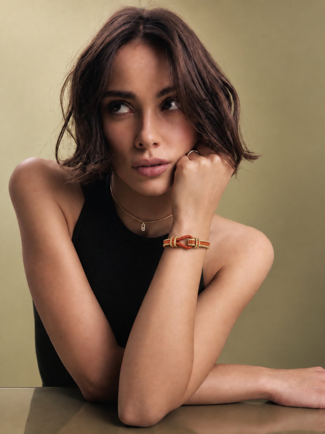 Rust Studded Leather Band Cuff - 18KT Gold Plated