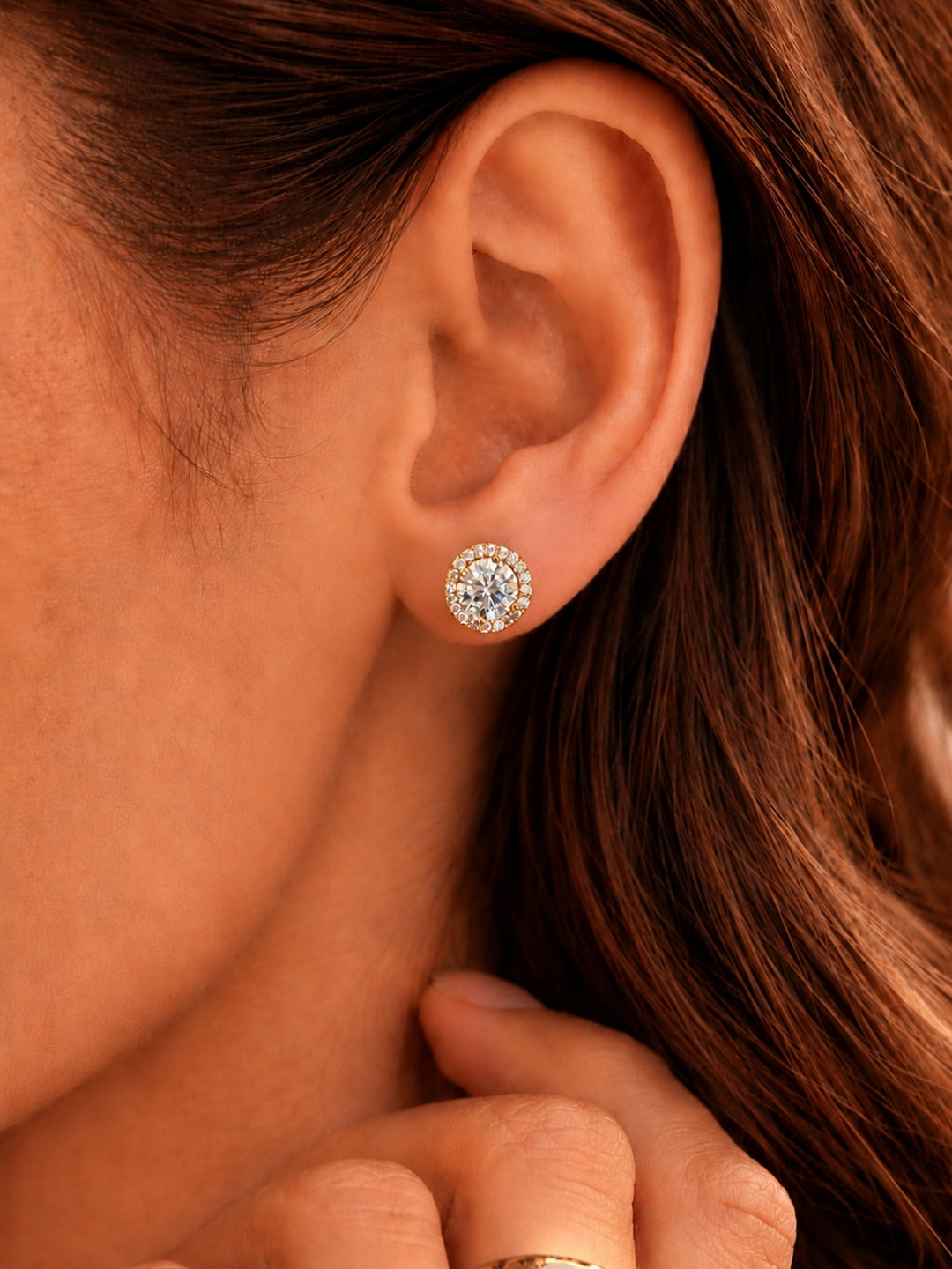 Aura Halo Solitaire Stud Earrings in 18K Gold | Anti Tarnish