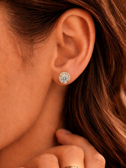Aura Halo Solitaire Stud Earrings in 18K Gold | Anti Tarnish