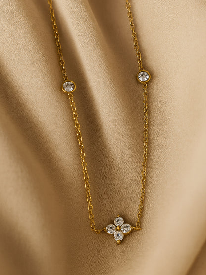 Clover CZ Bead Studded Neckpiece – 14K Gold Plated Everyday Necklace