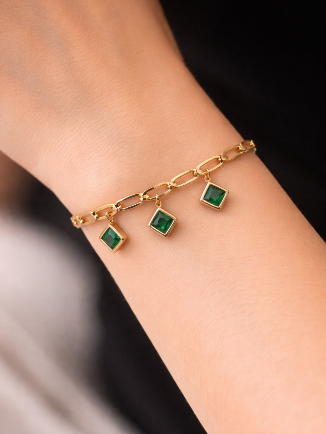 Quad Emerald Green Charm Bracelet | 18K Gold Anti-Tarnish Jewelry