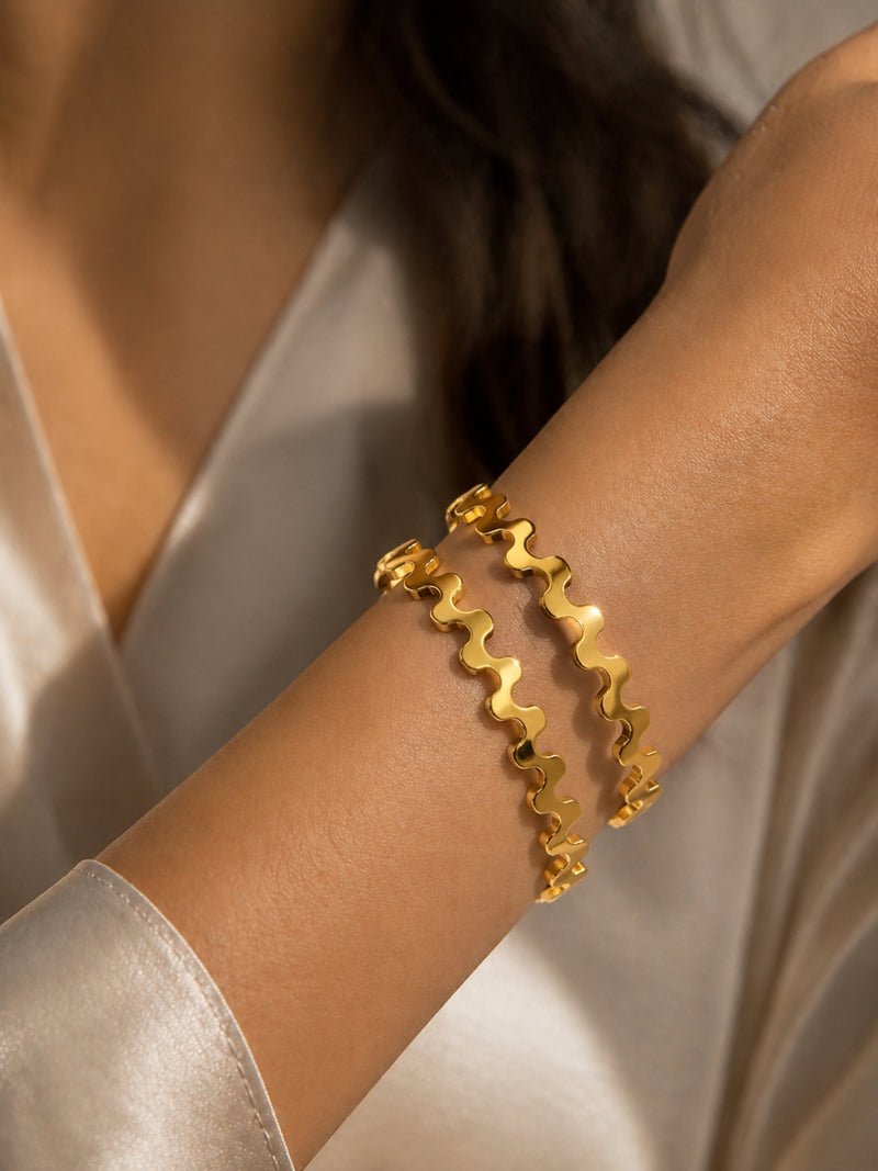 Statement Wave Gold Bangle Set | Everyday Luxury | Size 2.6