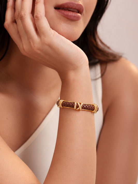 Brown Braided Roman Numeral Studded Bangle -18KT Gold Plated