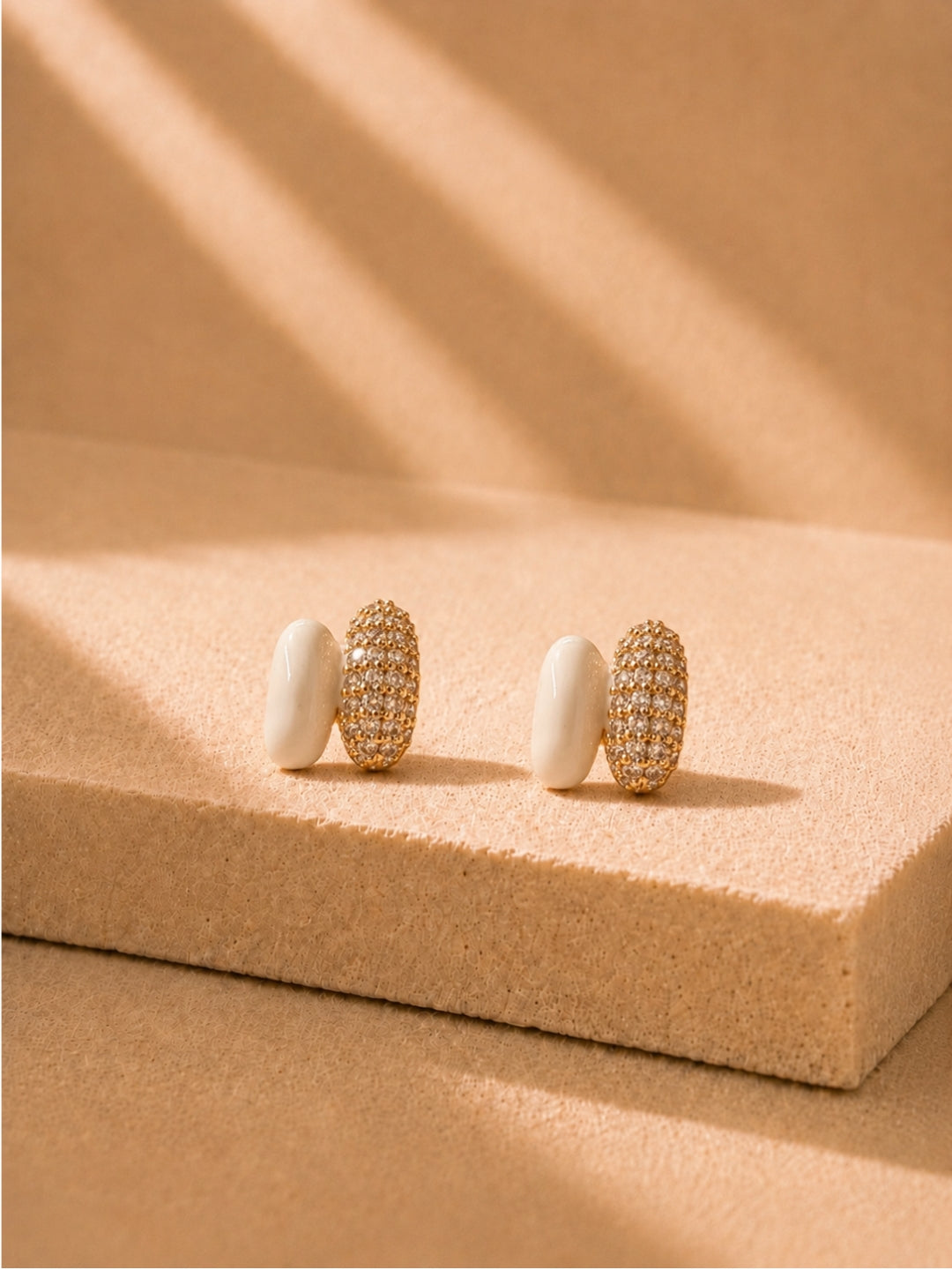 White Enamel CZ Nano Stud Earrings in 18K Gold Plating