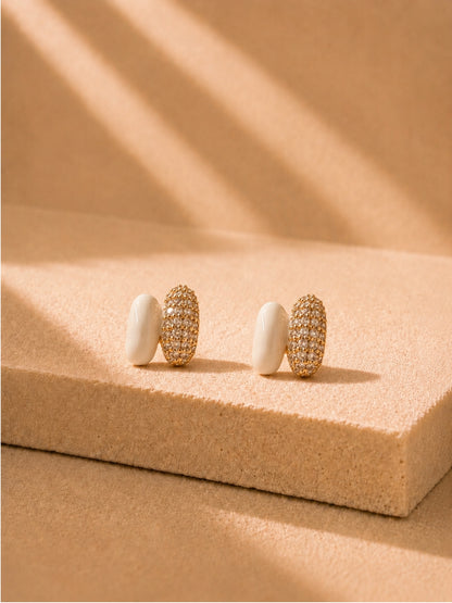 White Enamel CZ Nano Stud Earrings in 18K Gold Plating