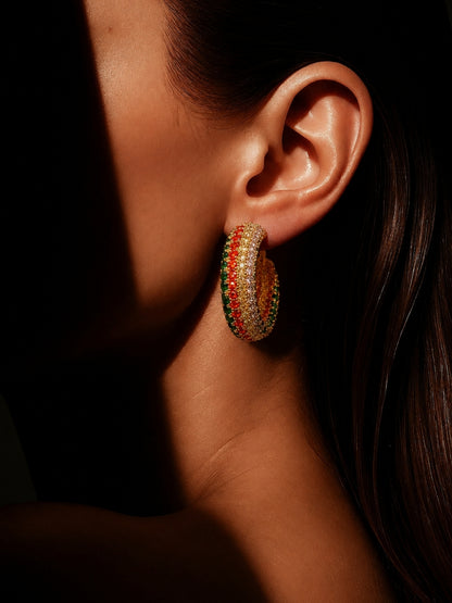 Navratna-Inspired Pavé Open Hoop Earrings, 18K Gold-Plated