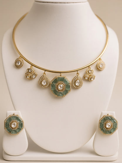 Aqua Moissanite Hansuli Necklace & Earrings Set | Gold Plated Jewelry