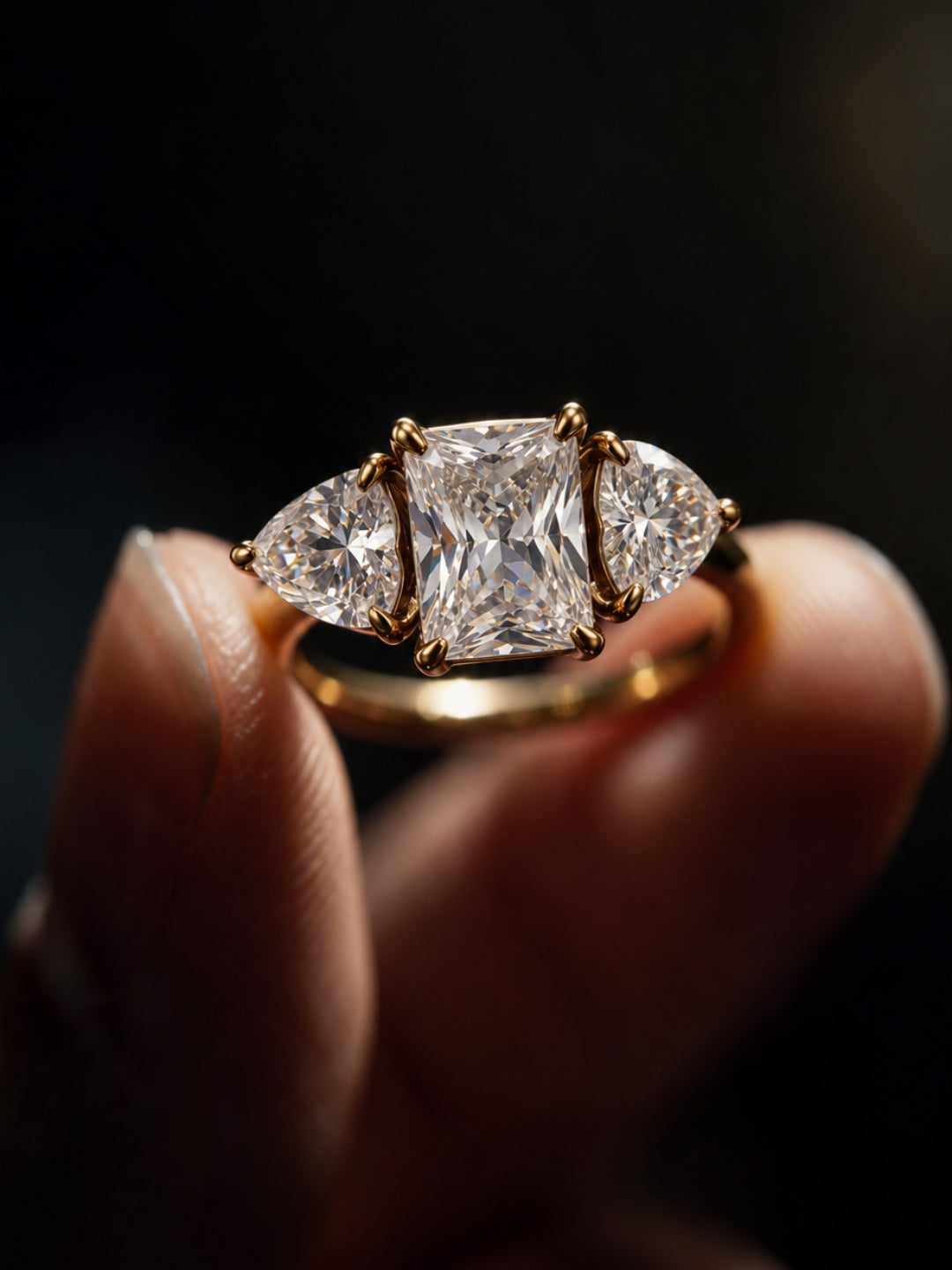 Rectangle & Heart Three-Stone Ring | 18K Gold-Plated Stainless Steel