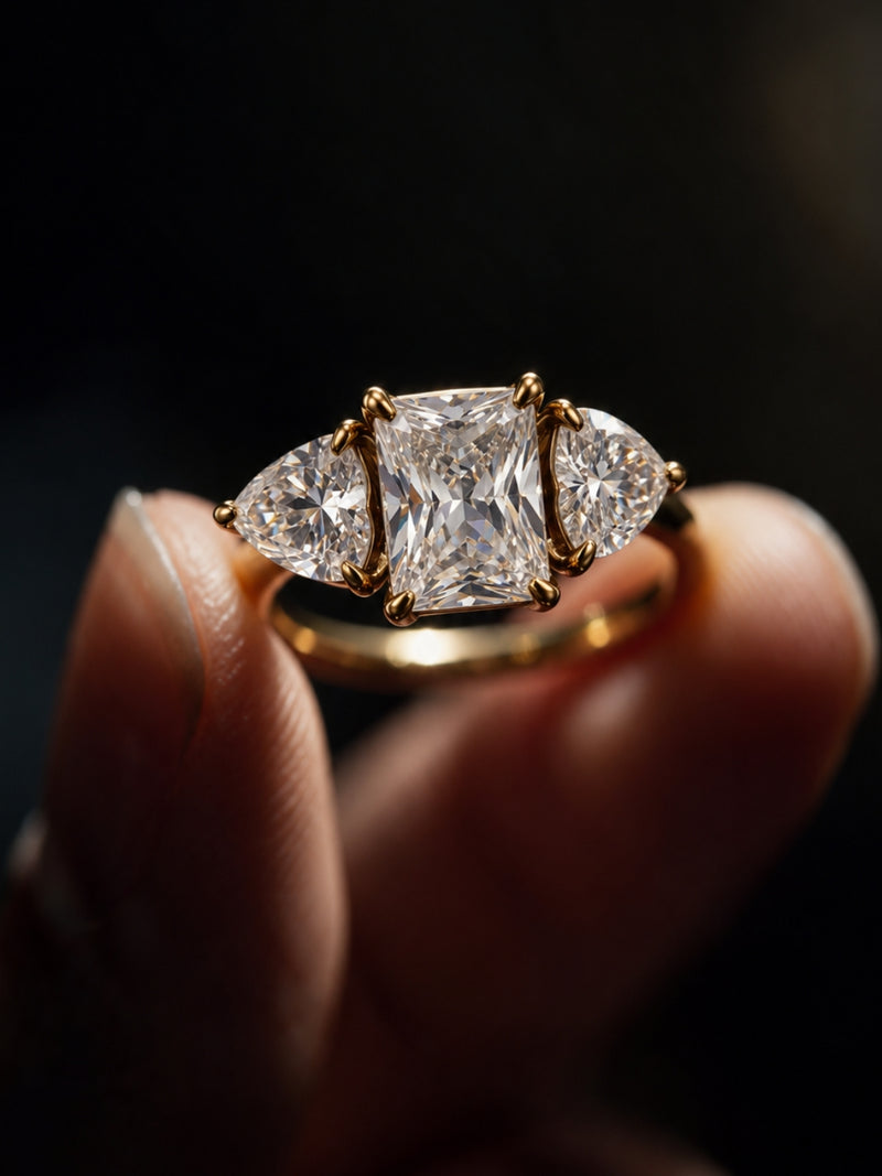 Rectangle & Heart Three-Stone Ring | 18K Gold-Plated Stainless Steel