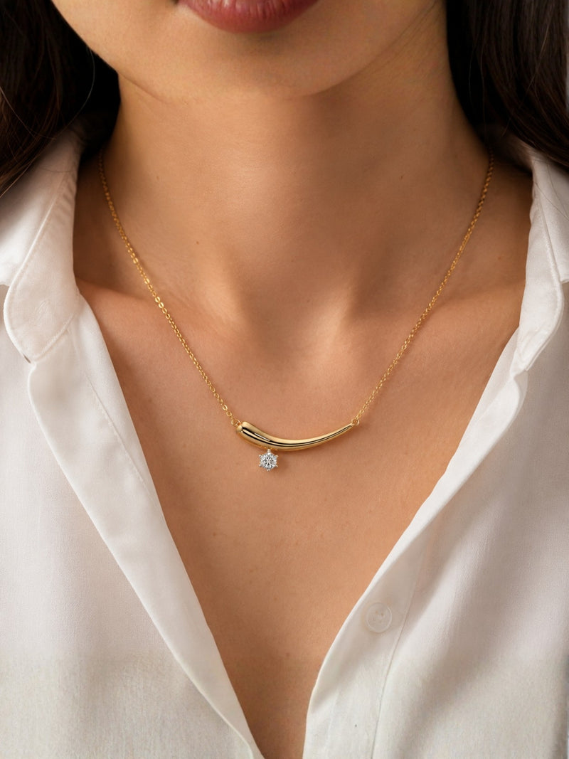 Solitaire Curve Gold Pendant Necklace with CZ Diamond Charm