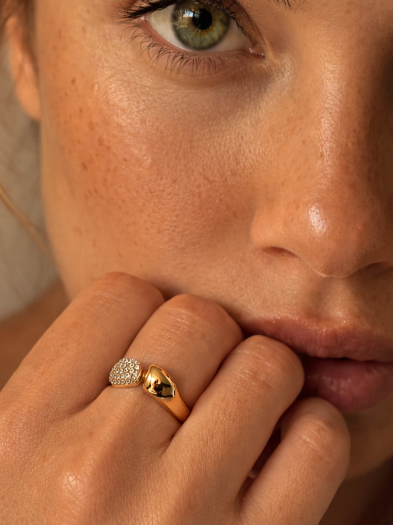 18K Gold Nano Pavé Blob Adjustable Ring – CZ Anti-Tarnish Statement Ring