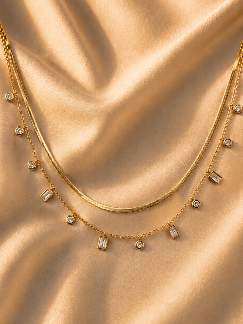 Gold-Plated Layered Necklace Set with Crystal Charms