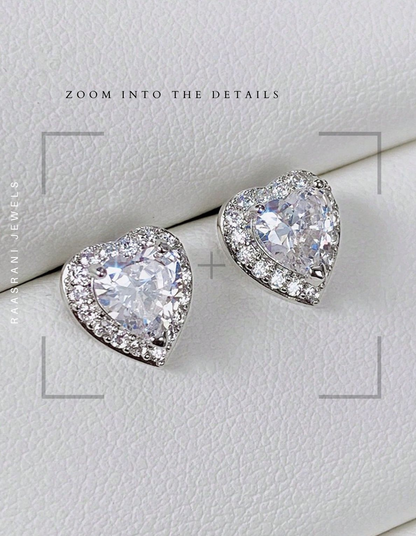 Silver Heart Stud Earrings – Rhodium Plated, Anti-Tarnish, Hypoallergenic, Premium AD Stones (Stainless Steel)