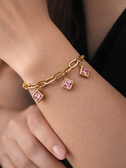 Quad Pink Charm Gold Bracelet | Anti-Tarnish CZ Chain Bracelet