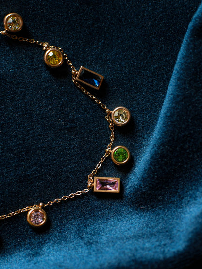 Multicolor Studded Charms Necklace – Gold, CZ Stones