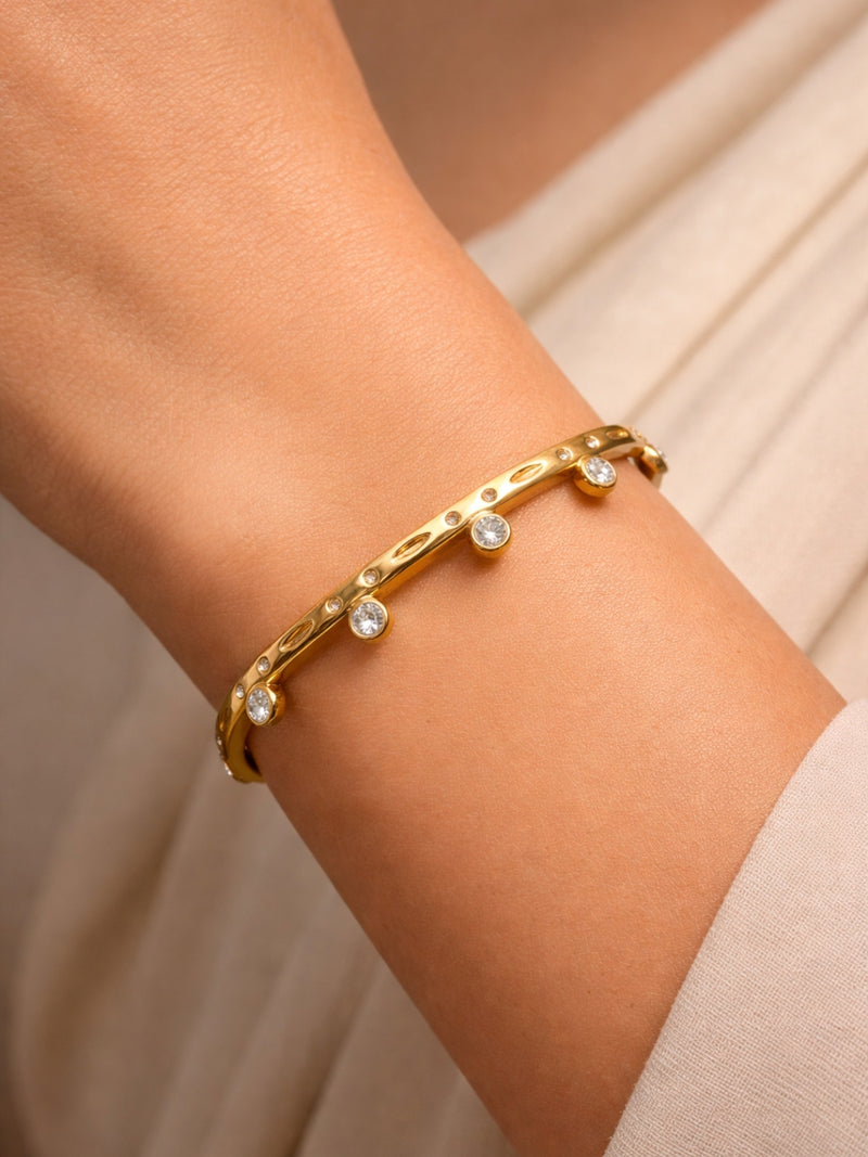 Gold Solitaire Studded Bracelet – CZ Open Cuff Bangle
