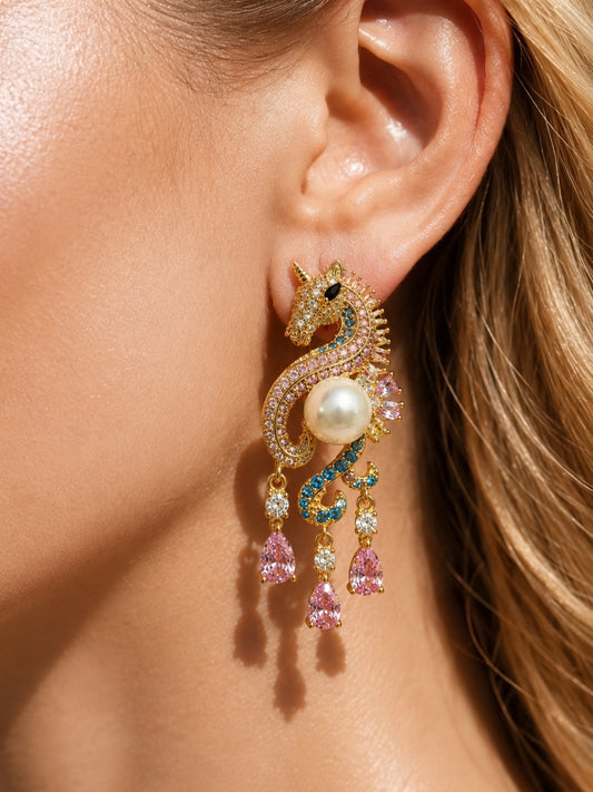 Enchanted Sea Unicorn Pavé Drop Earrings, 18K Gold-Plated