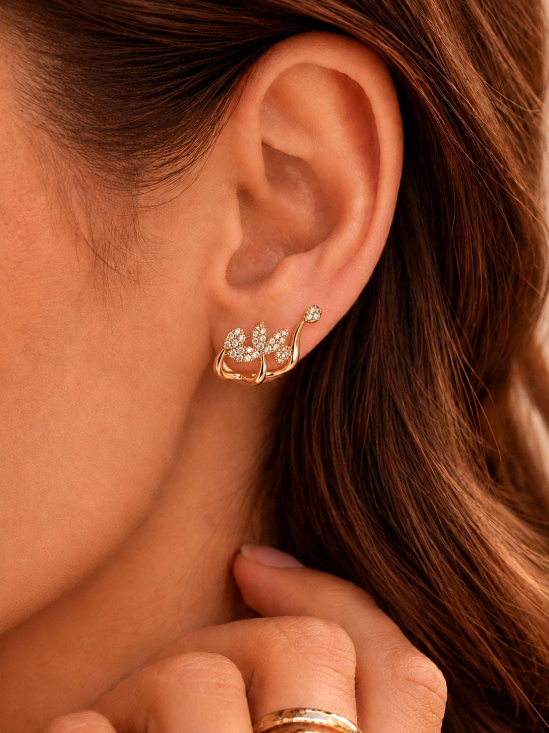 Rose Gold Leaf Hugging Stud Earrings with CZ | Anti Tarnish