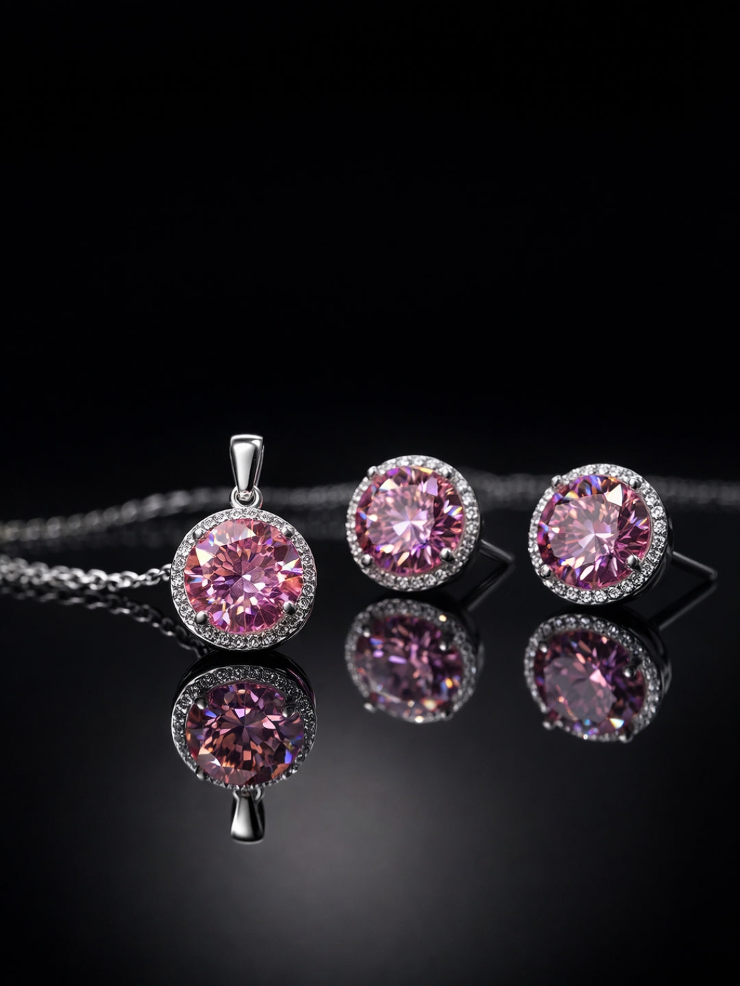 CL Pink Round CZ Necklace & Stud Earrings Set in Rhodium-Plated Steel