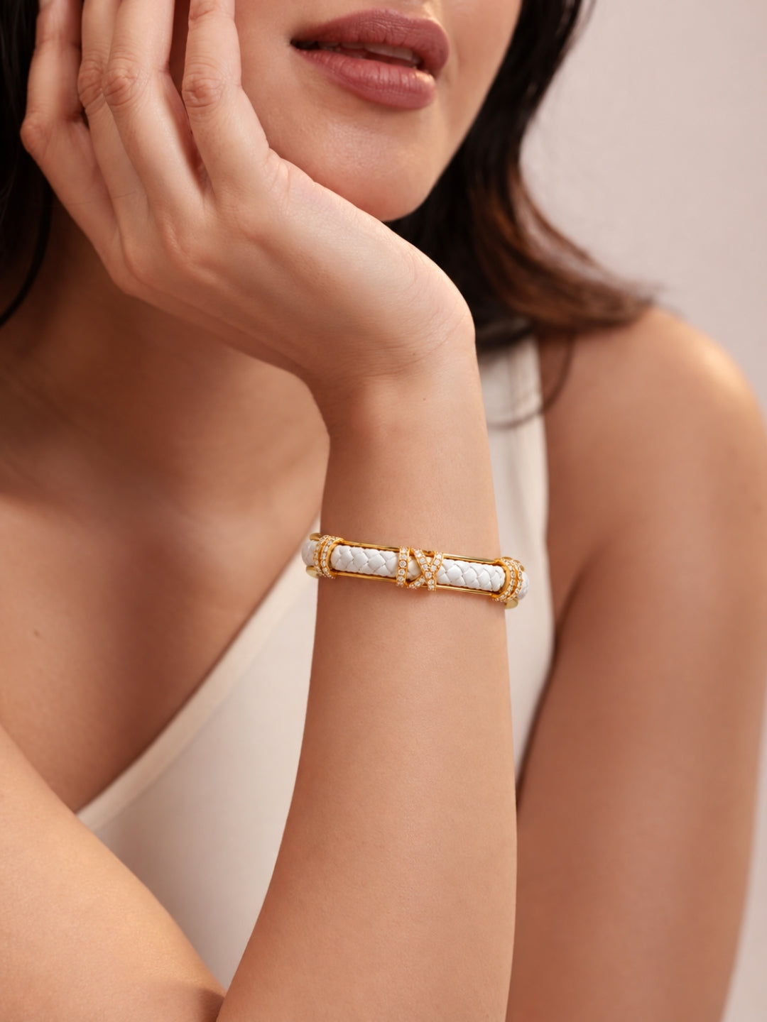 White Braided Roman Numeral Studded Bangle -18KT Gold Plated