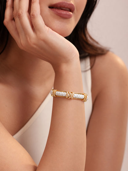 White Braided Roman Numeral Studded Bangle -18KT Gold Plated
