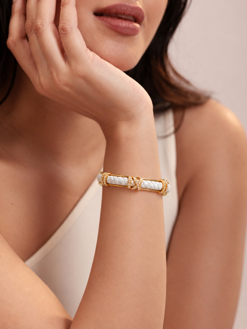 White Braided Roman Numeral Studded Bangle -18KT Gold Plated