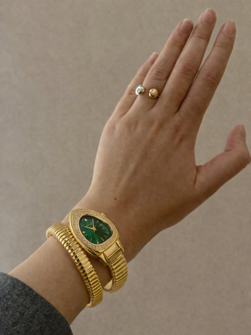 Emerald Dial Spiral Serpenti Gold Watch-Style Bracelet with CZ Stones