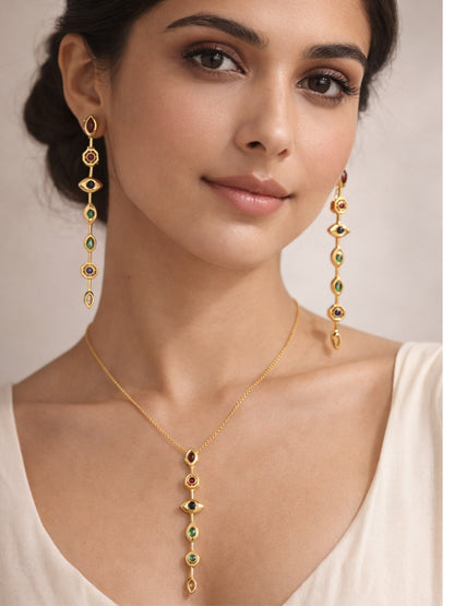 Evil Eye Pastel Shades Necklace & Earrings Set – 18K Gold Plated