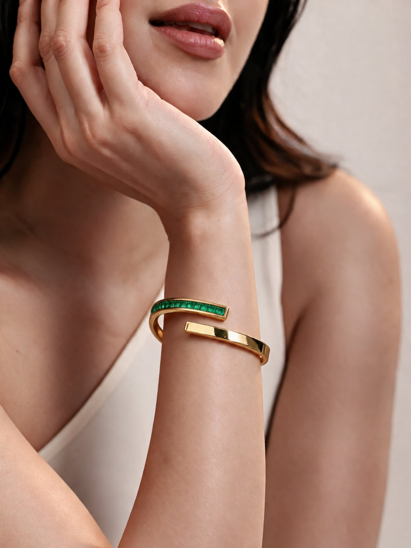 Emerald CZ Gold Plated Cuff Bracelet -18KT Gold Plated