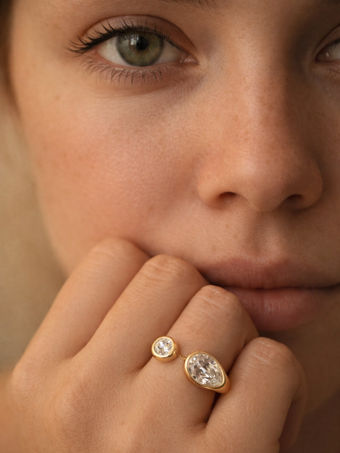 Solitaire Duo Blob Ring – 18K Gold Plated CZ Adjustable Ring