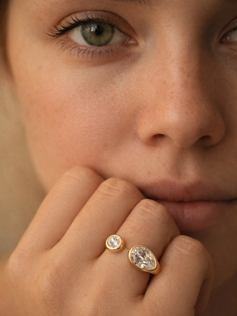 Solitaire Duo Blob Ring – 18K Gold Plated CZ Adjustable Ring