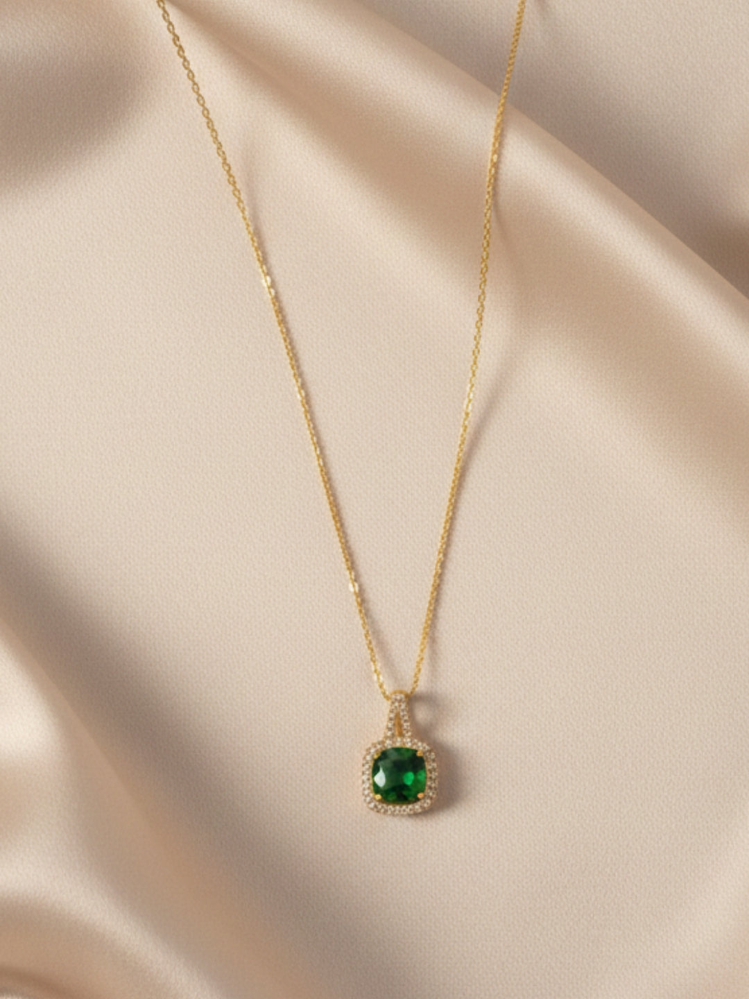 Elegant Gold-Plated Green Stone Pendant Chain – 316L Stainless Steel, AD Crystals