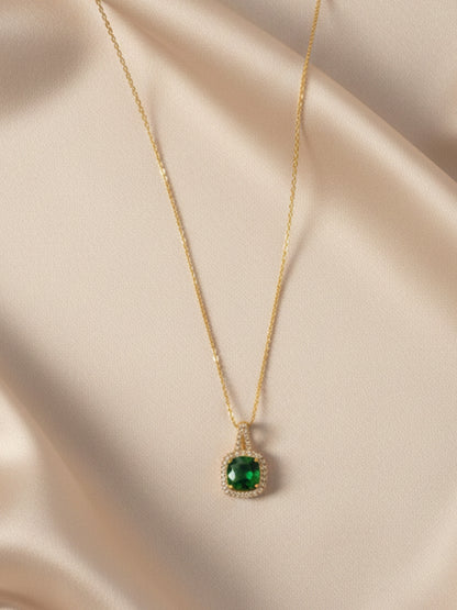 Elegant Gold-Plated Green Stone Pendant Chain – 316L Stainless Steel, AD Crystals
