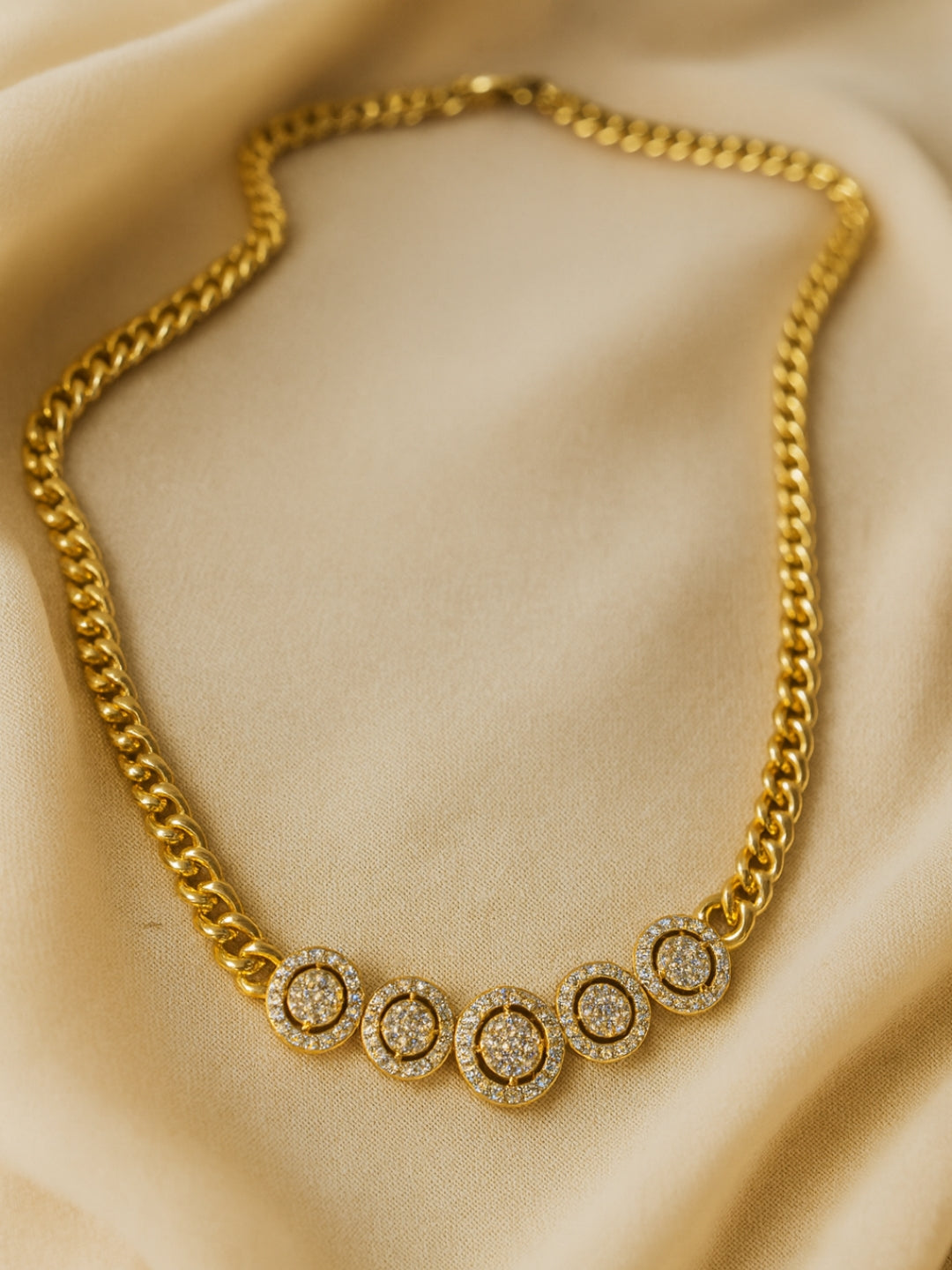 18K Gold Circular CZ Studded Cuban Chain Necklace | Anti-Tarnish