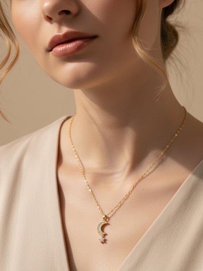 Anti-Tarnish Moon & Star Pendant Chain | 18K Gold CZ Jewelry