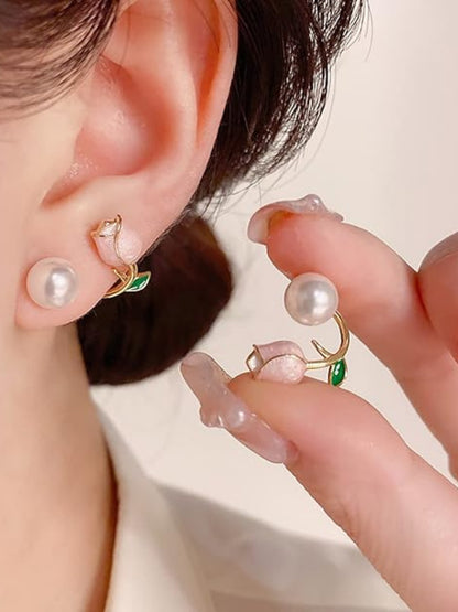 Pink Tulip Pearl Stud Earrings | Gold Plated Floral Pearl Earrings