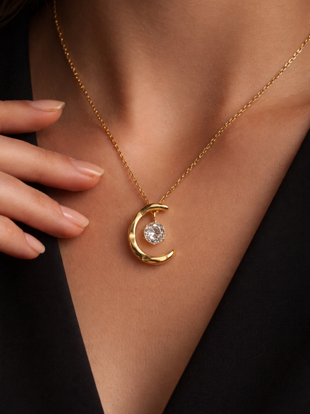 Crescent Moon Solitaire Gold Neckpiece | Anti-Tarnish Everyday Jewelry