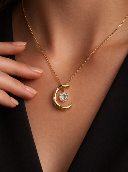 Crescent Moon Solitaire Gold Neckpiece | Anti-Tarnish Everyday Jewelry