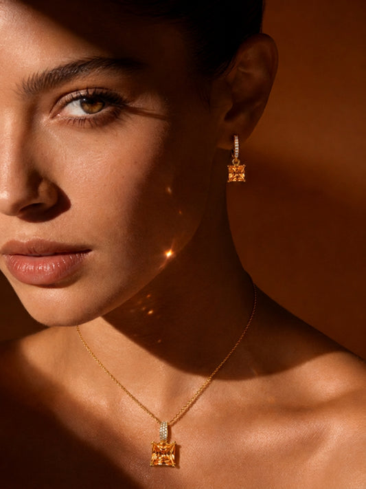 Saffron Square-Cut Pendant Necklace & Huggie Earring Set