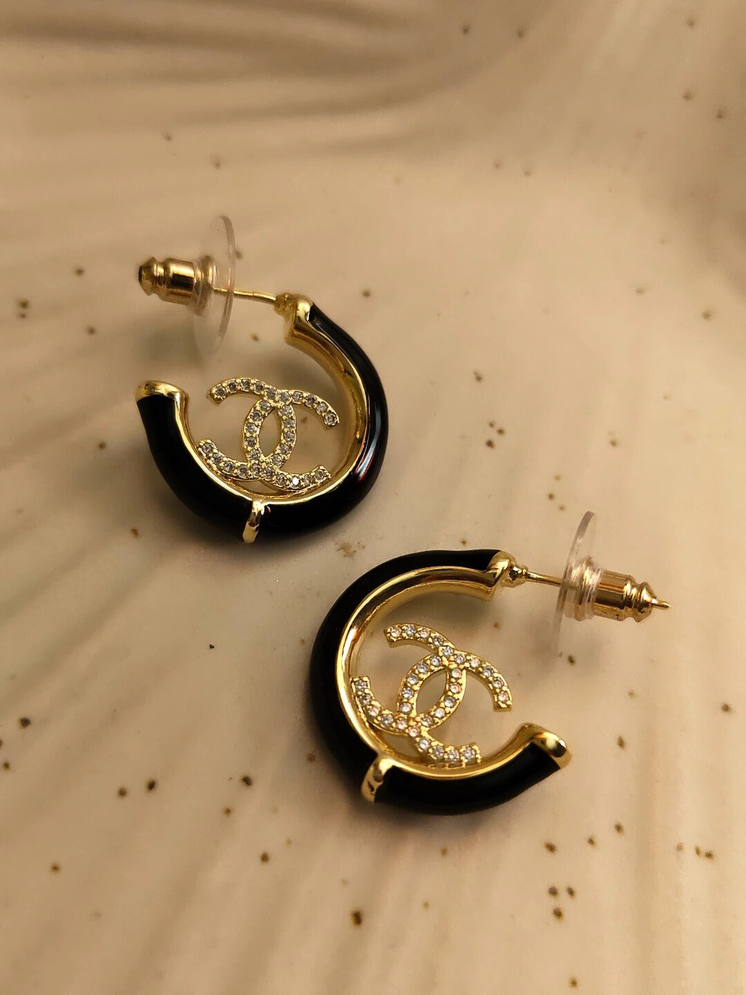 Brand Inspired Black Enamel Half Hoop Earrings – 18K Gold Plated