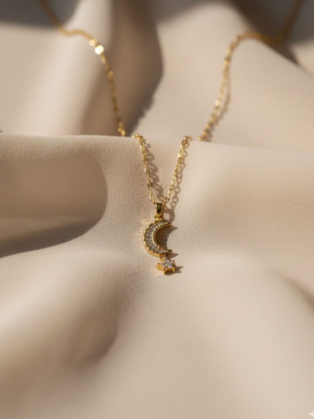 Anti-Tarnish Moon & Star Pendant Chain | 18K Gold CZ Jewelry