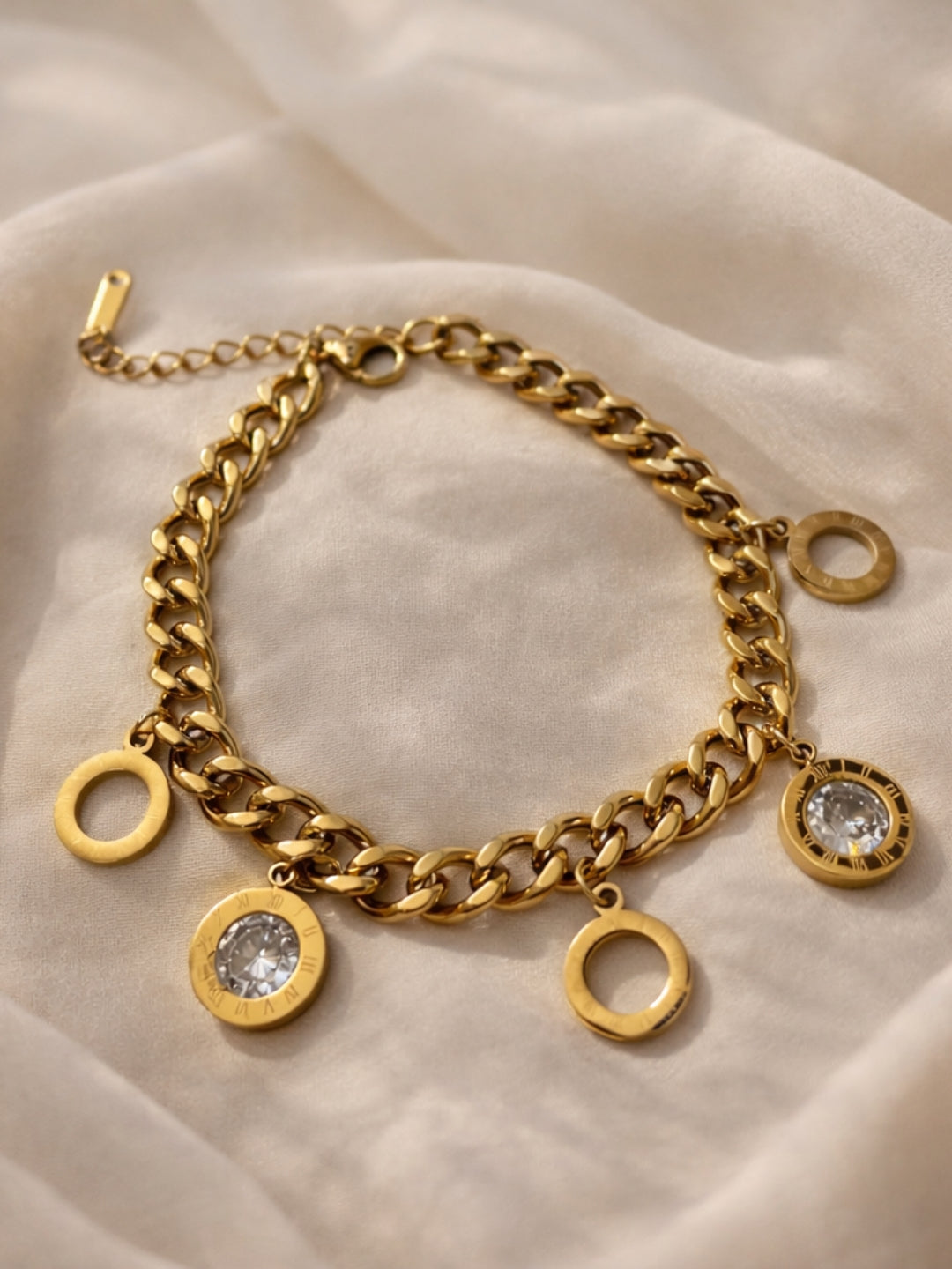 18K Gold Cuban Chain Roman Drop Charm Bracelet | Anti-Tarnish