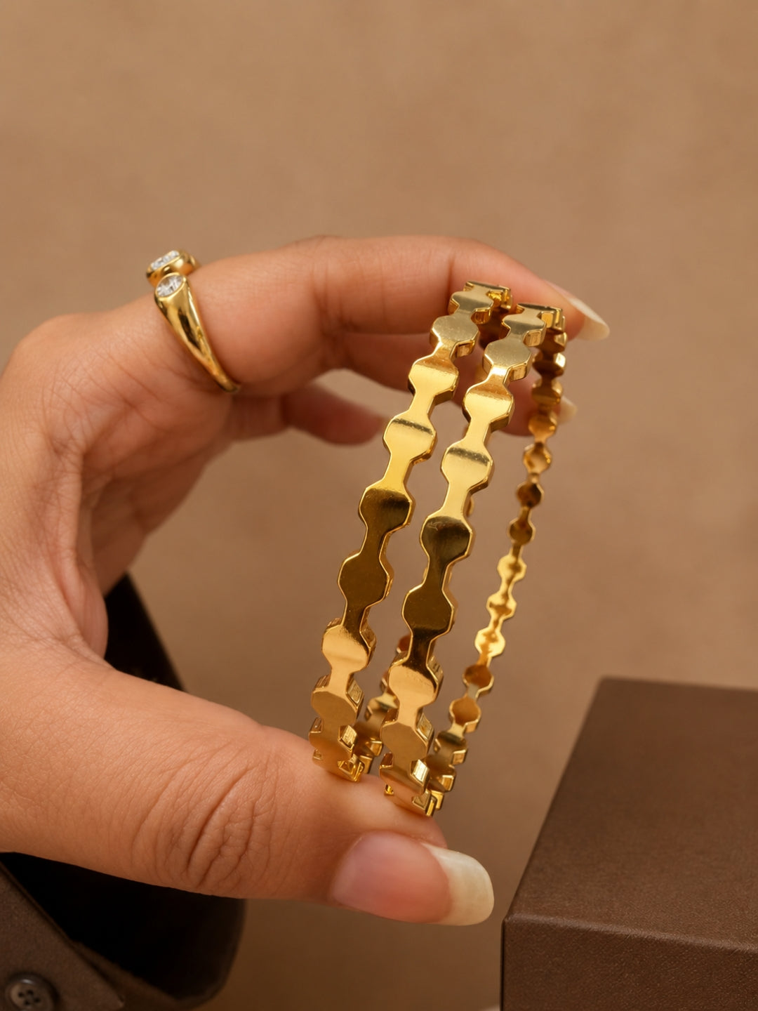 18K Gold Hexa Bead Stackable Bangles Pair | Anti Tarnish (2.6)