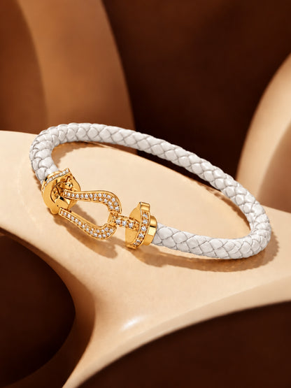 White Studded Braided Leather Gold Magnetic Bracelet -18KT Gold Plated